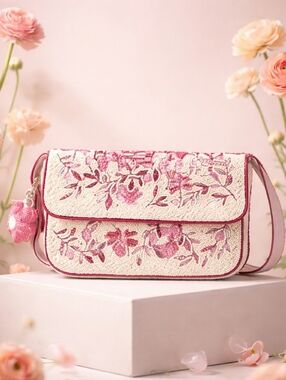 Embellished Pink Floral Beaded Shoulder Bag